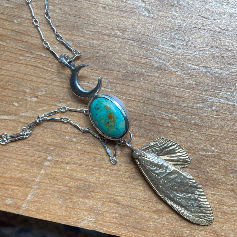 Arrows and Stone Turquoise, Moon and Cicada Wing Pendant Necklace